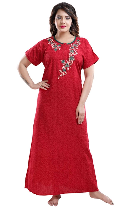 Cotton Boat Neck Embroidered StraightCut NightGown for Women