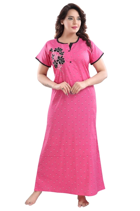 Cotton Boat Neck Embroidered StraightCut NightGown for Women