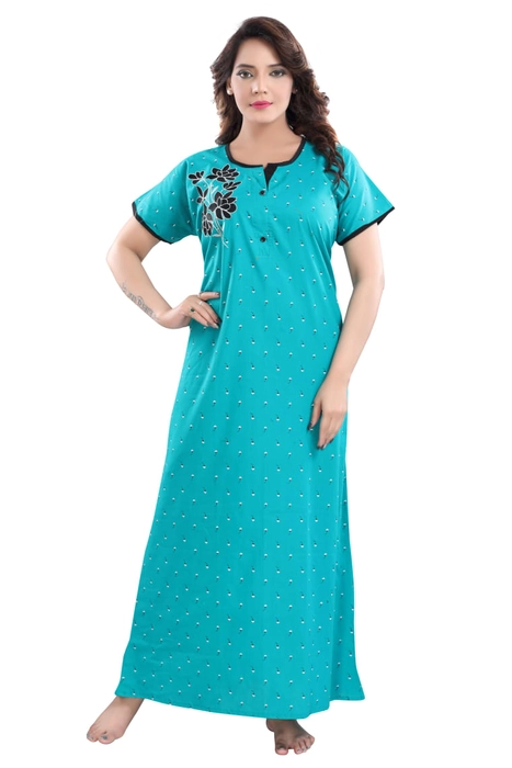 Cotton Boat Neck Embroidered StraightCut NightGown for Women