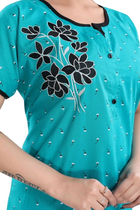 Cotton Boat Neck Embroidered StraightCut NightGown for Women