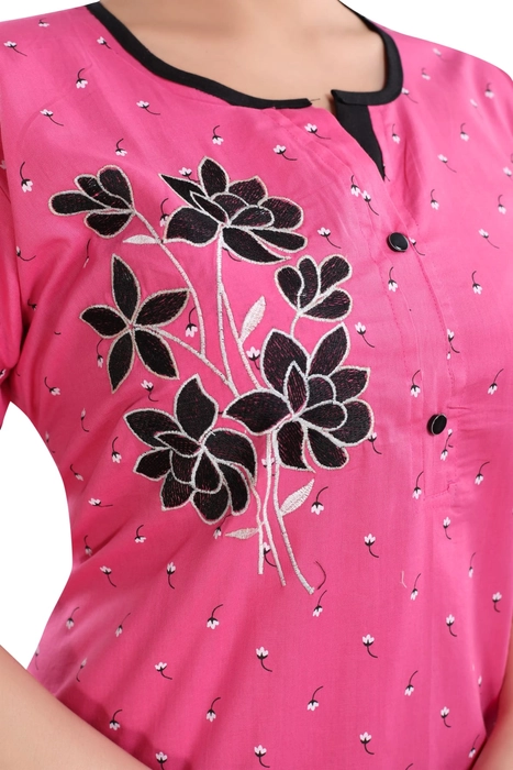 Cotton Boat Neck Embroidered StraightCut NightGown for Women