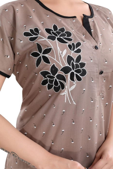 Cotton Boat Neck Embroidered StraightCut NightGown for Women