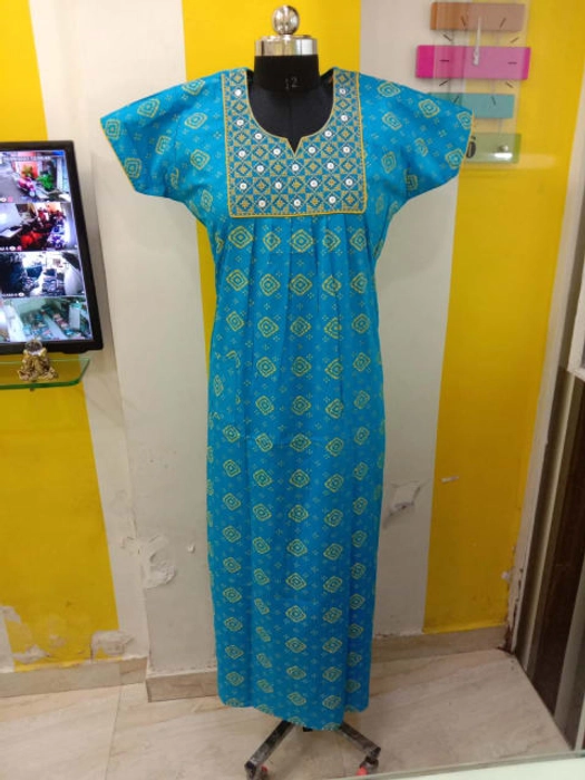 Cotton Round Neck Embroidered Full Flare Nightgown's