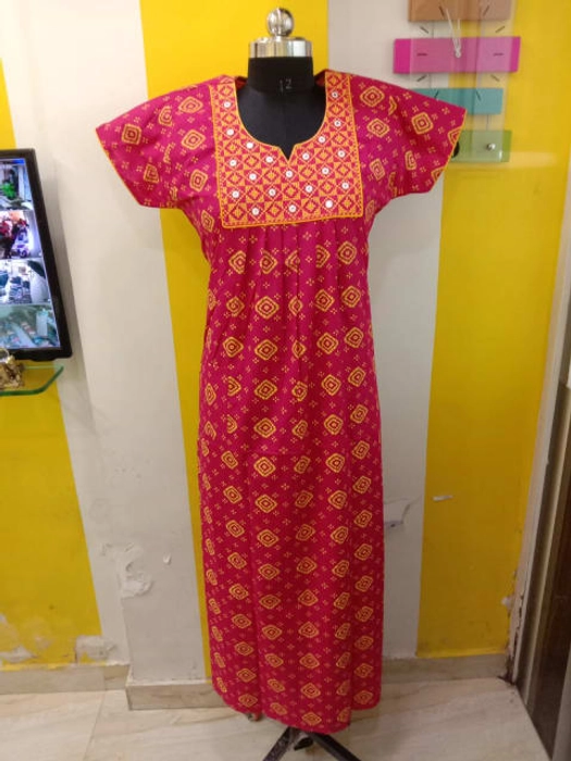 Cotton Round Neck Embroidered Full Flare Nightgown's