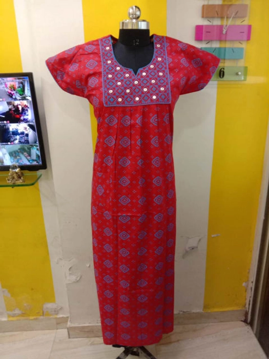 Cotton Round Neck Embroidered Full Flare Nightgown's