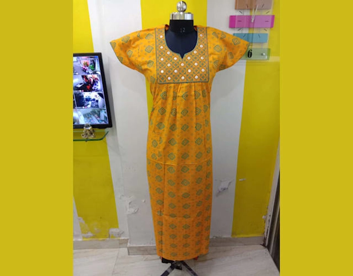 Cotton Round Neck Embroidered Full Flare Nightgown's