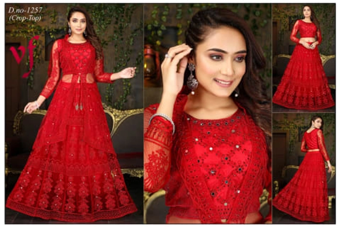 Stitched Net Embroidered Work Crop Top Lehenga for Women