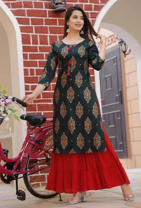 Rayon Gold Foil Print Straight Kurta Set for Women