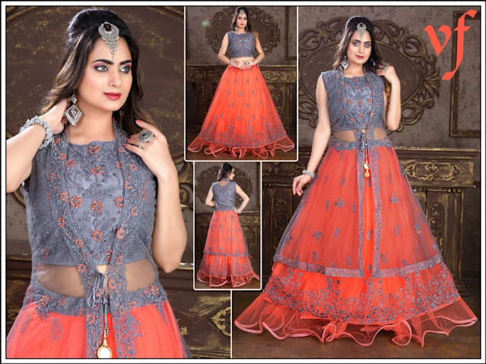 Stitched Net Embroidered Work Flared Lehenga for Women