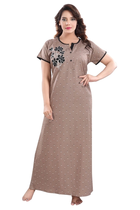 Cotton Boat Neck Embroidered StraightCut NightGown for Women