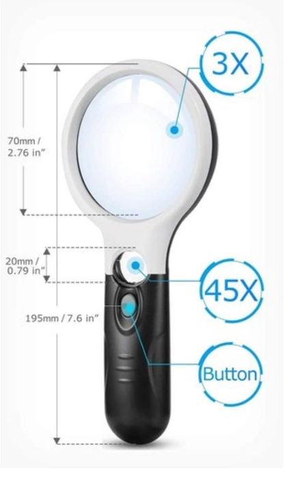 3 LED Light Hand-Held Magnifier - 3X & 45X Big Size Zoom Lenses