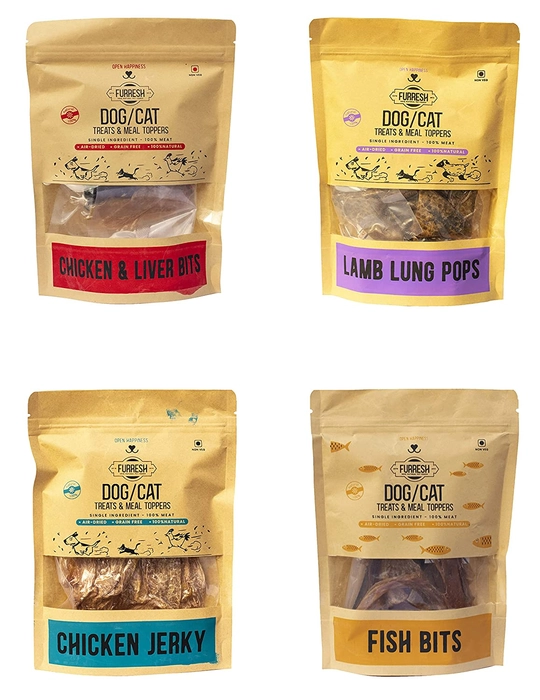 Furresh Chicken Jerky - 50g, Chicken and Liver Bits-50g, Lamb Lung Pops - 30g, Fish Bits - 50g