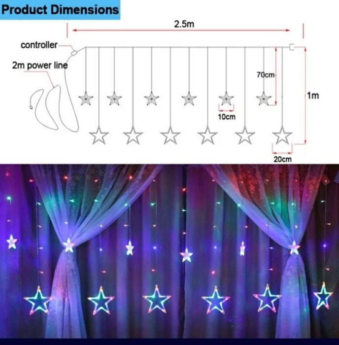 12 Stars LED Curtain String Lights Window Curtain Led Lights for Decoration with 8 Flashing for Christmas, Wedding, Party, Home, Patio Lawn ( Warm White)