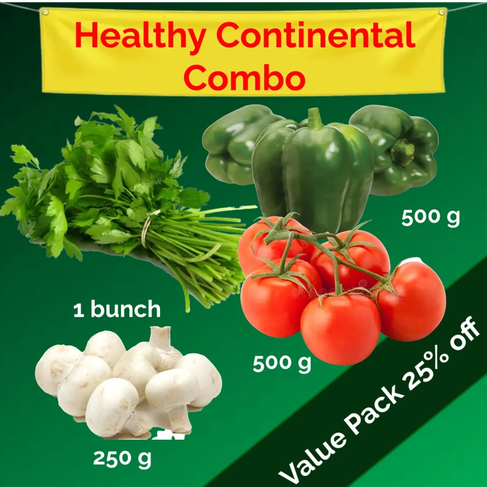 HEALTHY CONTINENTAL COMBO - Button Mushroom (1 packet) + Tomato (500 gm) + Green Capsicum (500 gm) + Dhonepata/Coriander (1 bunch)