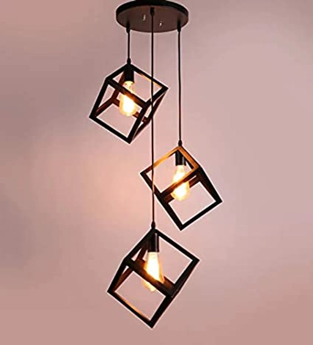Classical PR Star Iron 3D 3 Lights Square Black Cluster Chandelier Hanging for Bedroom, Living Room, Restaurant Pendants Ceiling Lamp (Gold)