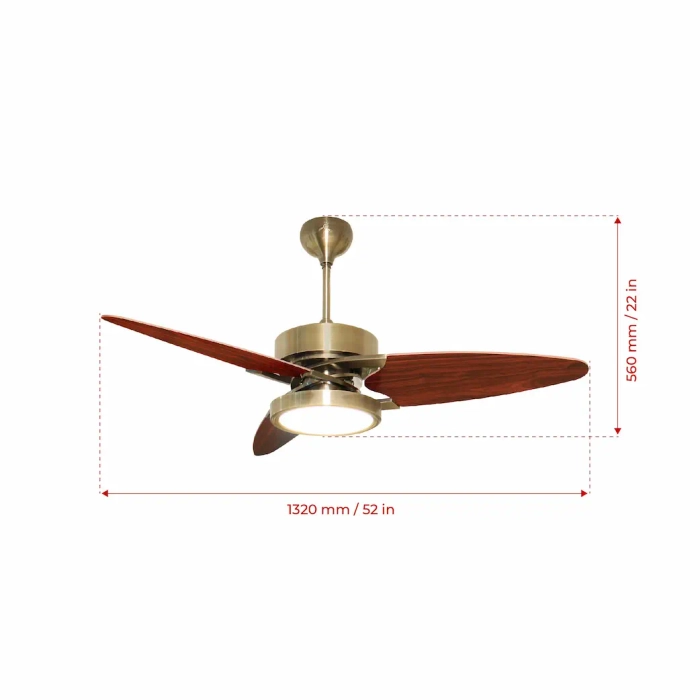 Propeller Antique Brass- 52″ Contemporary fan with 3 x Special Treated Plywood Blades, Multi Coloured LED and Remote Control