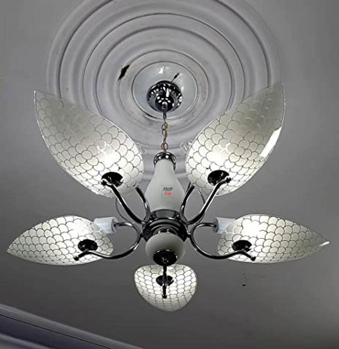 Prop It Up 40W Exclusive Economic Range of 5 Light Chandelier with Leaves Shape Glass Shade & Very fine Steel/crom Finished Frame, for Bedroom, Drawing Room, Hall, Dinning, Shop, Office -802/3 (White)