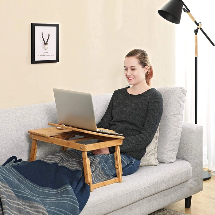 Natural Bamboo Wood Multipurpose Portable Foldable Adjustable Height Laptop Table Writing, Study, Breakfast, Utility Table, Activity Table for Home