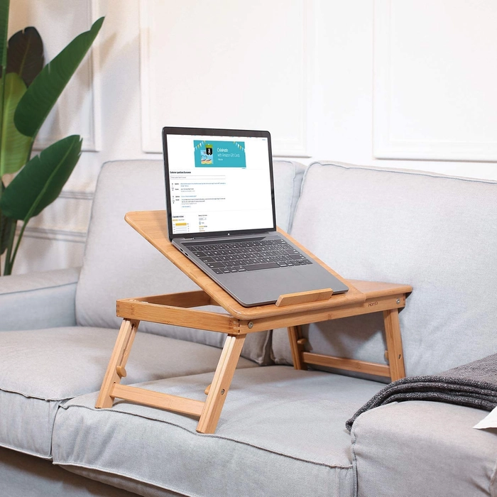 Natural Bamboo Wood Multipurpose Portable Foldable Adjustable Height Laptop Table Writing, Study, Breakfast, Utility Table, Activity Table for Home