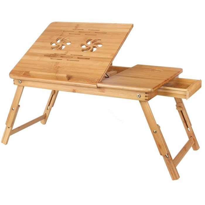 Natural Bamboo Wood Multipurpose Portable Foldable Adjustable Height Laptop Table Writing, Study, Breakfast, Utility Table, Activity Table for Home