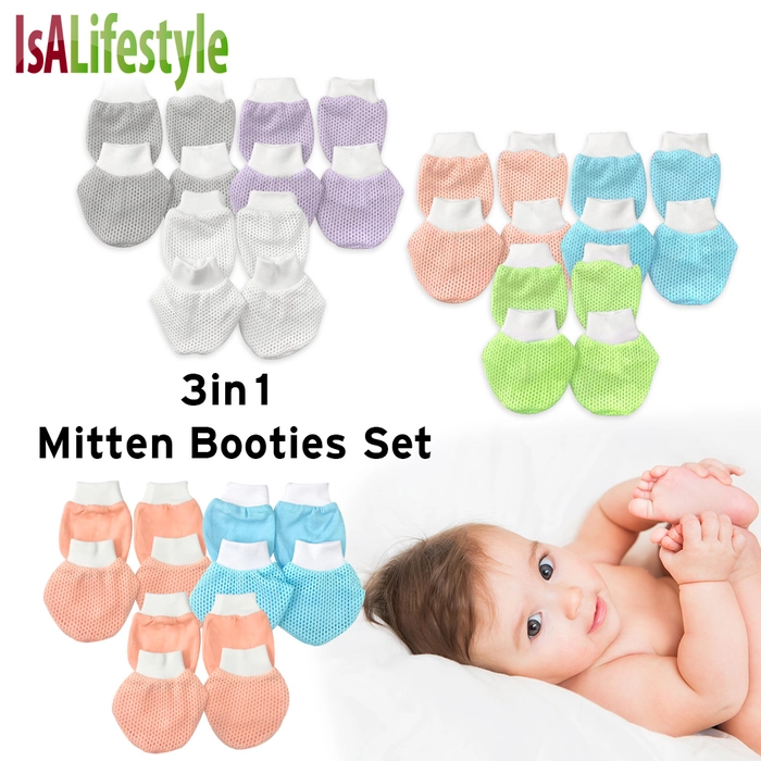 Beeson Mitten Booties Set Baby Eyelet Mitten & Booties 6 pairs (3 mitten 3 bootie) Random Colour 10571