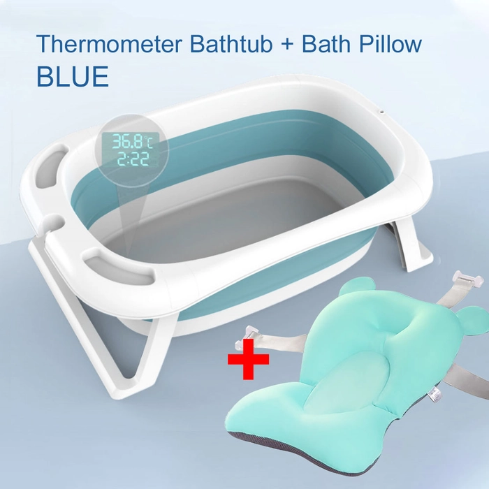 Foldable Baby Kids Bathtub with Thermometer Bath Pillow Infant Safety Extra Large Bath Tub