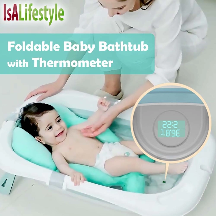 Foldable Baby Kids Bathtub with Thermometer Bath Pillow Infant Safety Extra Large Bath Tub