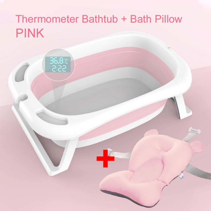 Foldable Baby Kids Bathtub with Thermometer Bath Pillow Infant Safety Extra Large Bath Tub