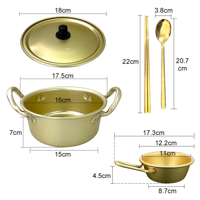 Korean Aluminum Cooking Pot With Lid Ramen Noodle Bowl Tableware Personal Gold Cookware Chopstick Spoon