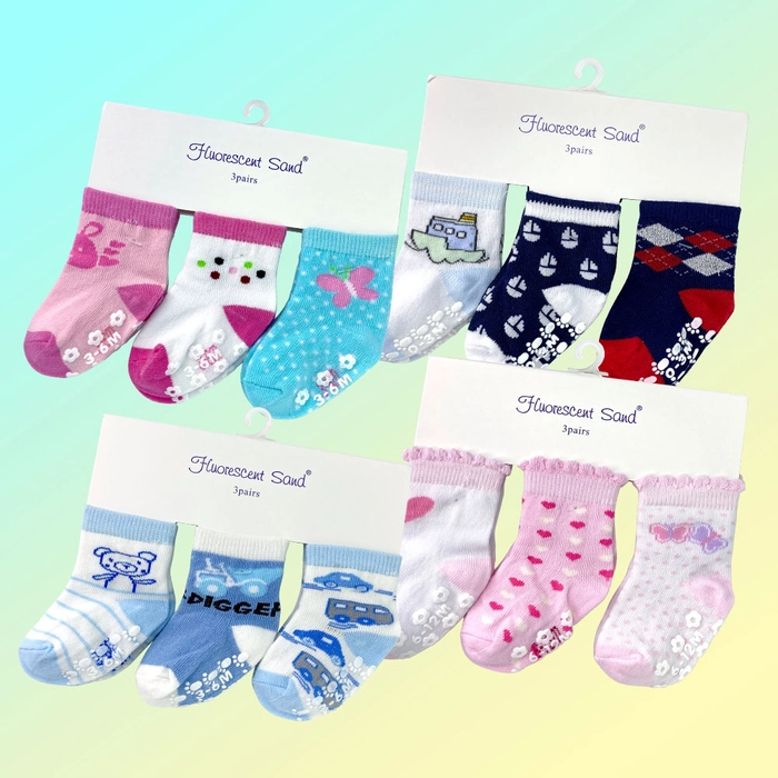 Infant Baby 3-Pair BOY and GIRL Anti-slip Sock (0-3M / 3-6M / 6-12M)