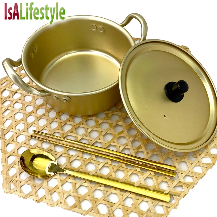 Korean Aluminum Cooking Pot With Lid Ramen Noodle Bowl Tableware Personal Gold Cookware Chopstick Spoon