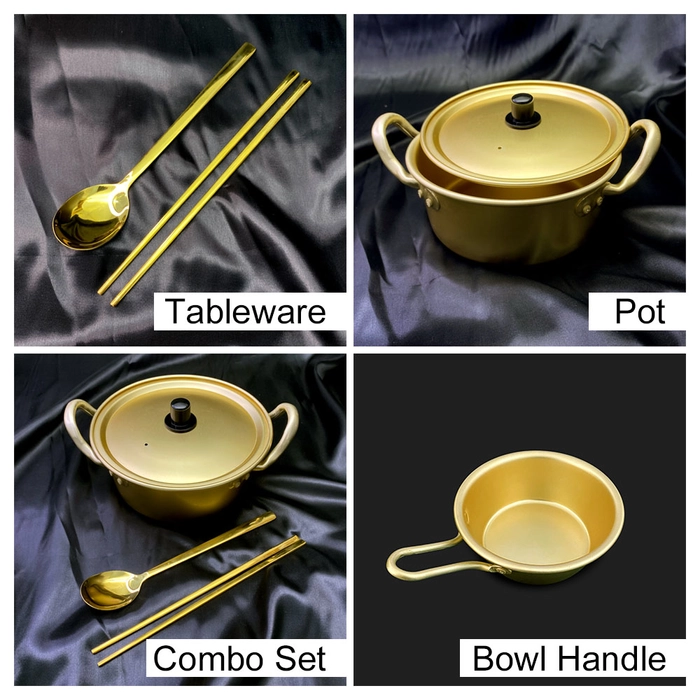 Korean Aluminum Cooking Pot With Lid Ramen Noodle Bowl Tableware Personal Gold Cookware Chopstick Spoon