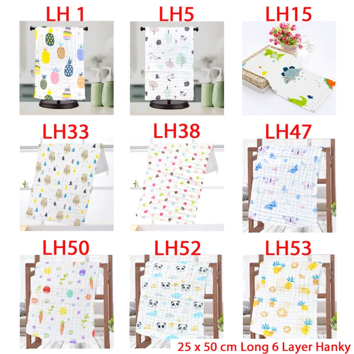 Long Hanky 6 Layer New Born Baby 25 x 50cm Face Towel Handkerchief Muslin Cotton Bib Burp Cloth Saliva LH