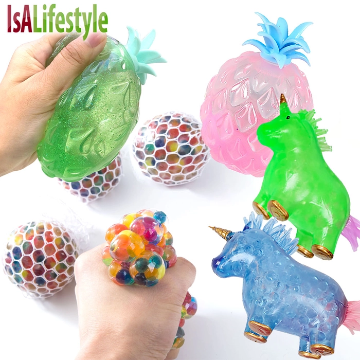 Colorful Squishy Stress Ball Venting Stress Relief Mesh Squish Finger Exercise Toy Stress Unicorn Pineapple