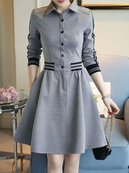 Women Solid Casual Front Button Short Flair Dress