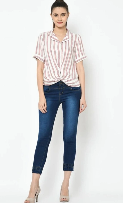 Latin Quarters- Women White And Peach Striped Shirt Style Top