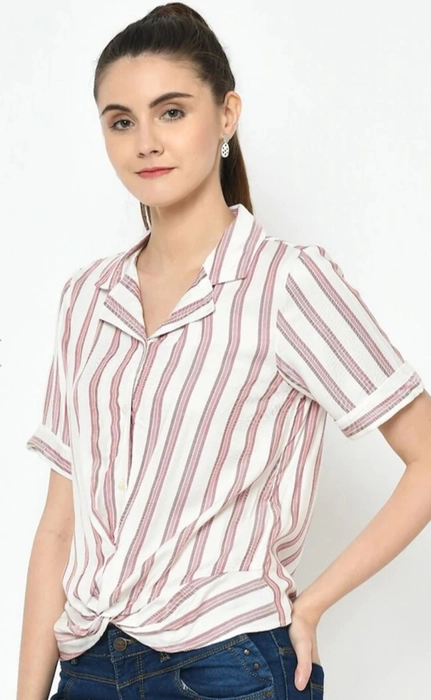 Latin Quarters- Women White And Peach Striped Shirt Style Top
