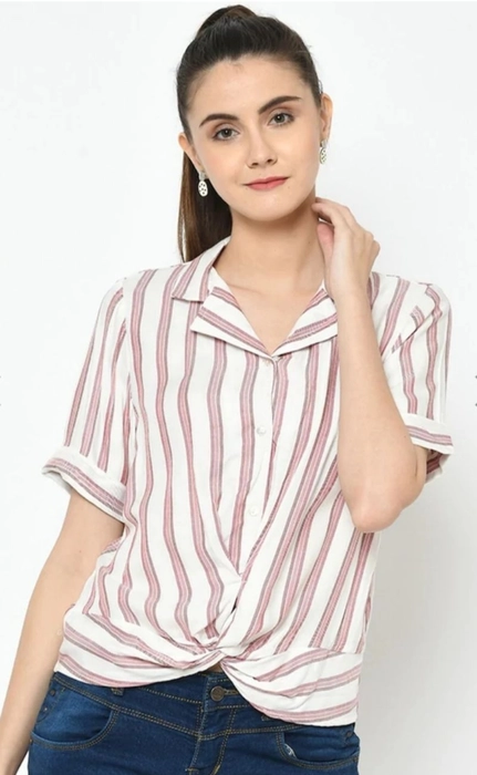 Latin Quarters- Women White And Peach Striped Shirt Style Top