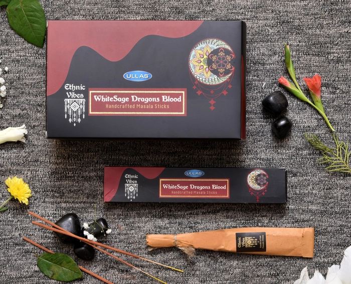 ULLAS ETHNIC VIBES WHITE SAGE DRAGONS BLOOD, Handcrafted Masala Sticks. Pack of 12 Boxes (144 Sticks) (Made for Exports)