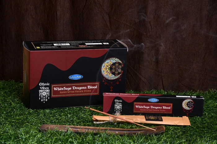ULLAS ETHNIC VIBES WHITE SAGE DRAGONS BLOOD, Handcrafted Masala Sticks. Pack of 12 Boxes (144 Sticks) (Made for Exports)