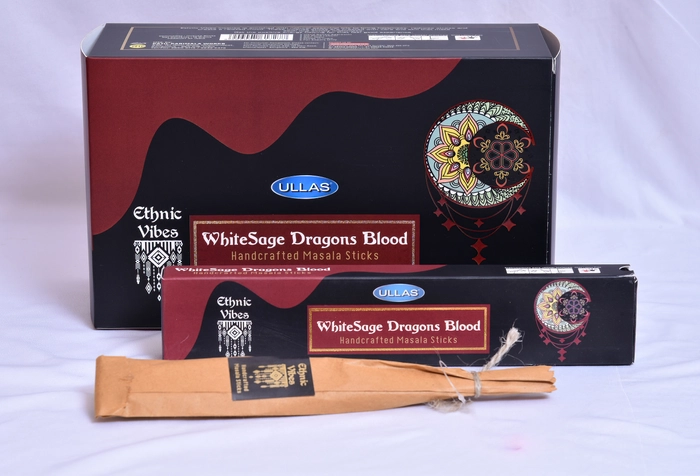 ULLAS ETHNIC VIBES WHITE SAGE DRAGONS BLOOD, Handcrafted Masala Sticks. Pack of 12 Boxes (144 Sticks) (Made for Exports)