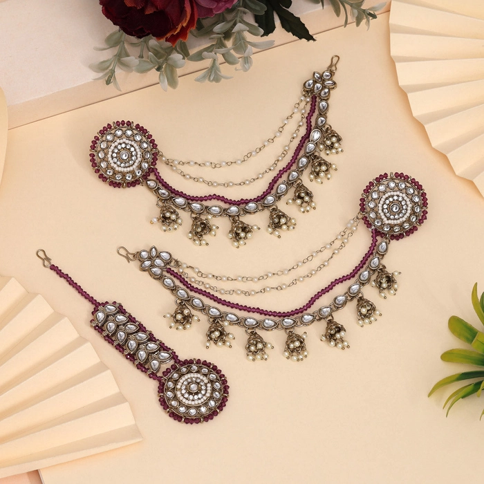 Royal Purple Color Kundan Earrings With Maang Tikka
