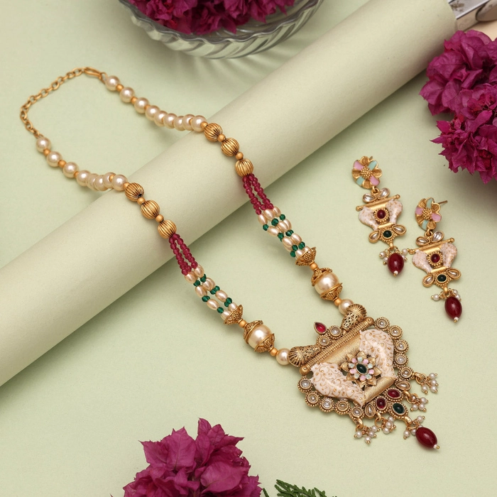 Rani & Green Color Matte Gold Meenakari Necklace Set