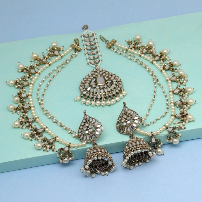 White Color Kundan Mirror Earrings With Maang Tikka