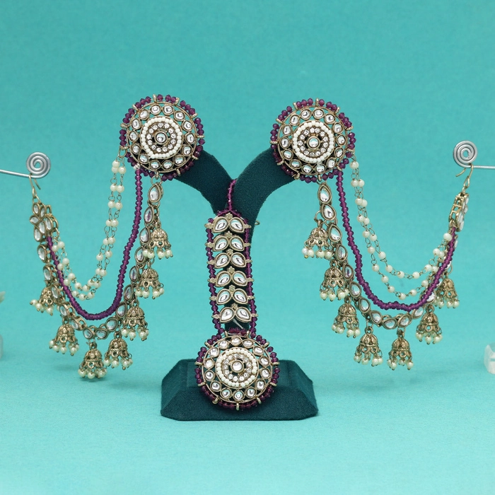 Royal Purple Color Kundan Earrings With Maang Tikka