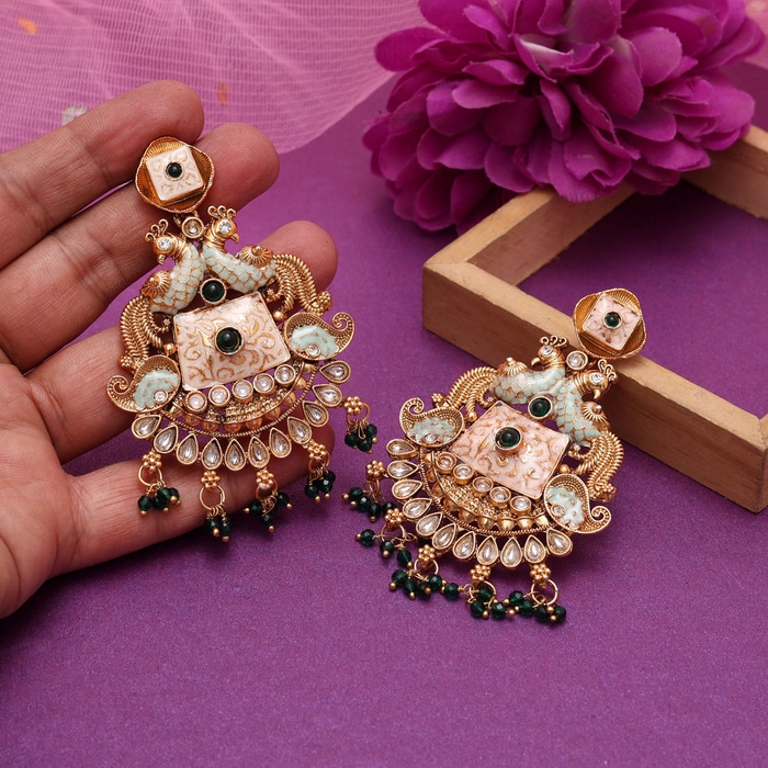 Green Color Kundan Meenakari Earrings (MKE2013GRN)