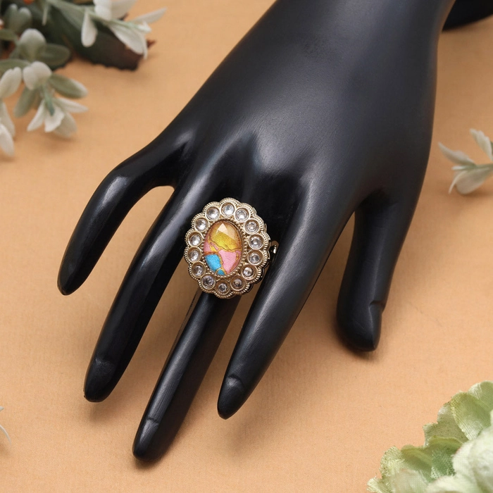 Color Burst Multi Color Kundan Ring For Women