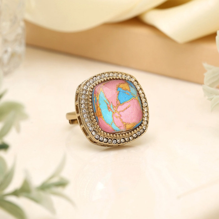 Shimmering Firozi Color Kundan Ring For Women