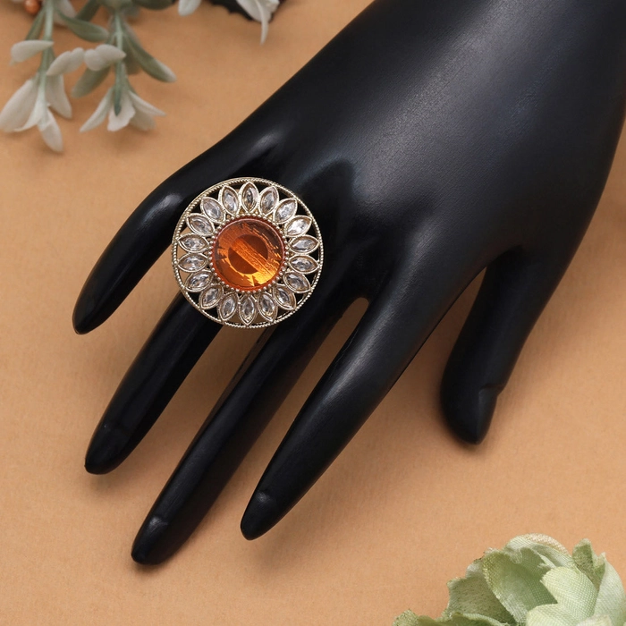 Bright Orange Color Kundan Ring For Women