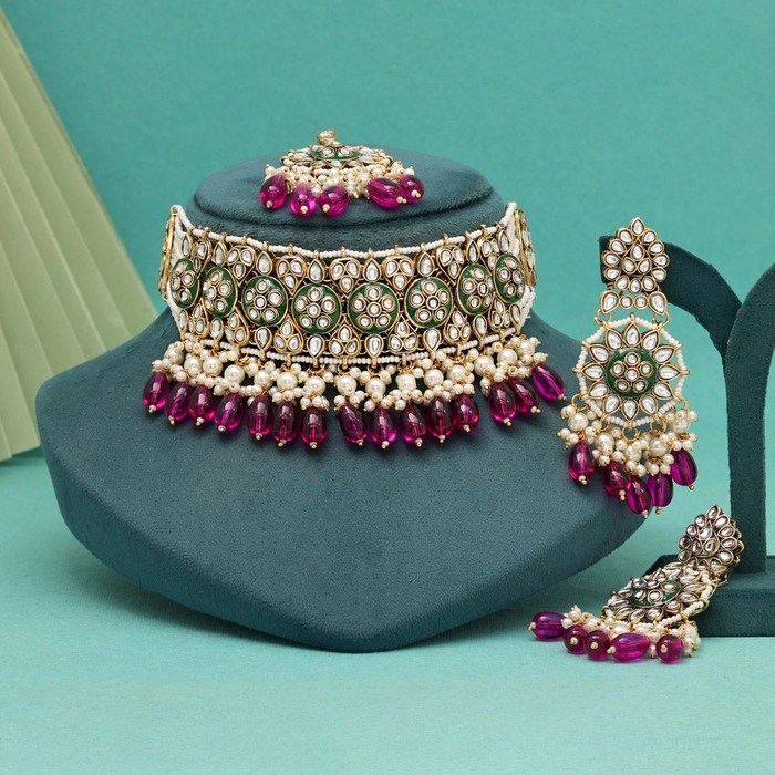 Magenta Color Choker Kundan Necklace Set (KN1430MNT)